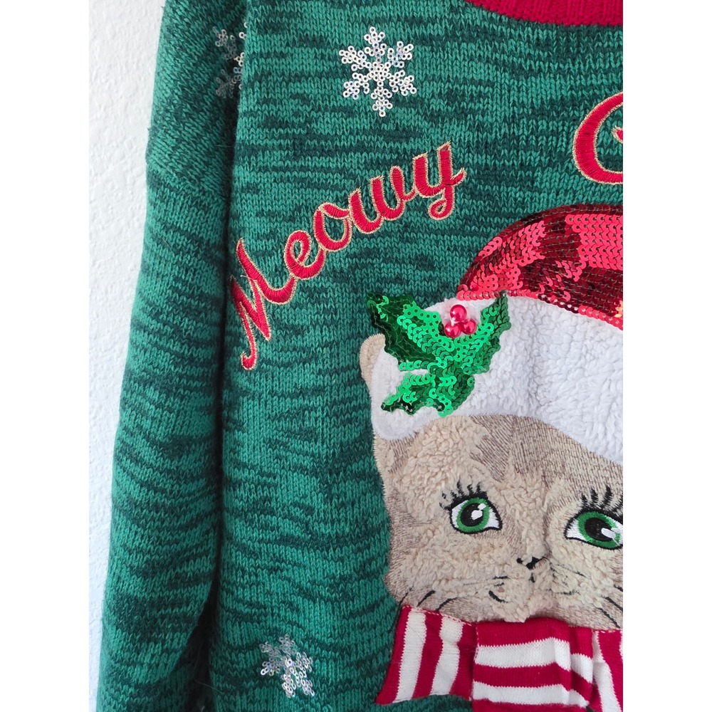 99 Jane Street Meowy Christmas Cat Sweater Green Sequin Jingle Bell Small - Picture 5 of 9